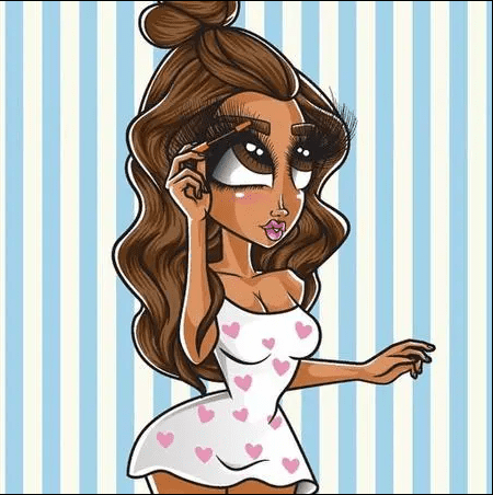 A cartoon of a woman with brown hair and pink hearts on her dress.